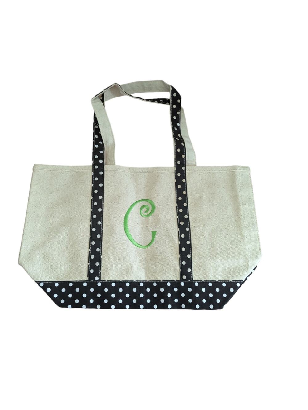 New Canvas Tote Green Embroidered C Black and White Polka Dot Trim
